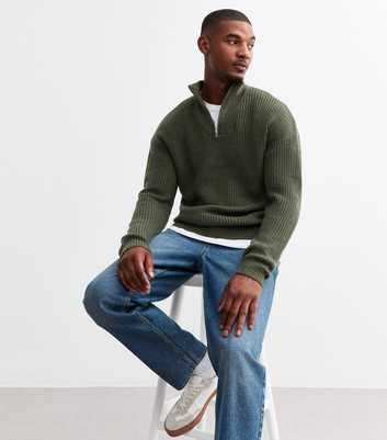 Khaki Relaxed Quarter Zip Textured Knit Jumper