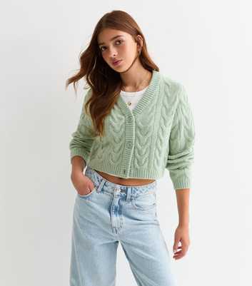 Girls Light Green Cable Knit Cardigan