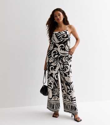 Petite Black Abstract Pattern Wide Leg Trousers
