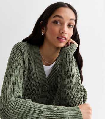 Girls Olive Chenille Knit Button Up Cardigan