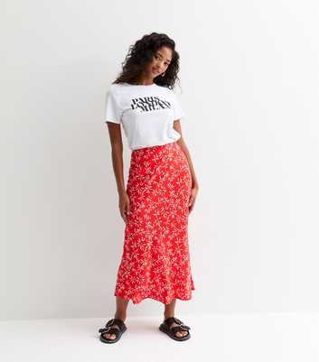 Red Floral-Print Bias Midi Skirt 
