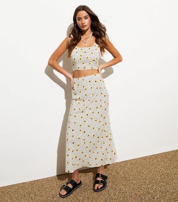 Off White Sunflower Spot Ditsy Print Midi Skirt New Look