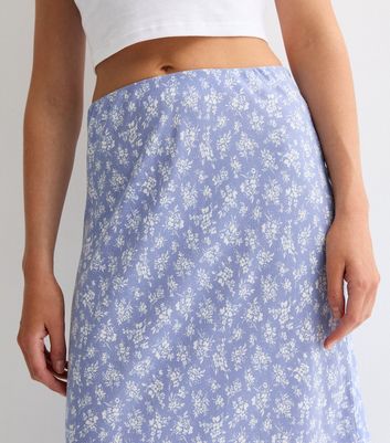 Blue Ditsy Floral Bias Cut Midi Skirt New Look