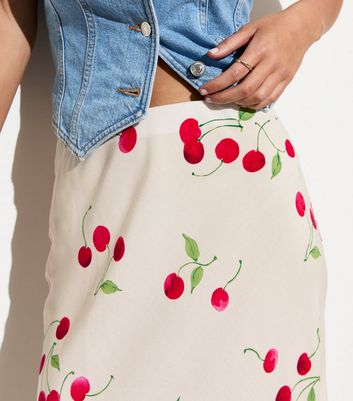 Off White Cherry Print Bias Cut Midi Skirt New Look