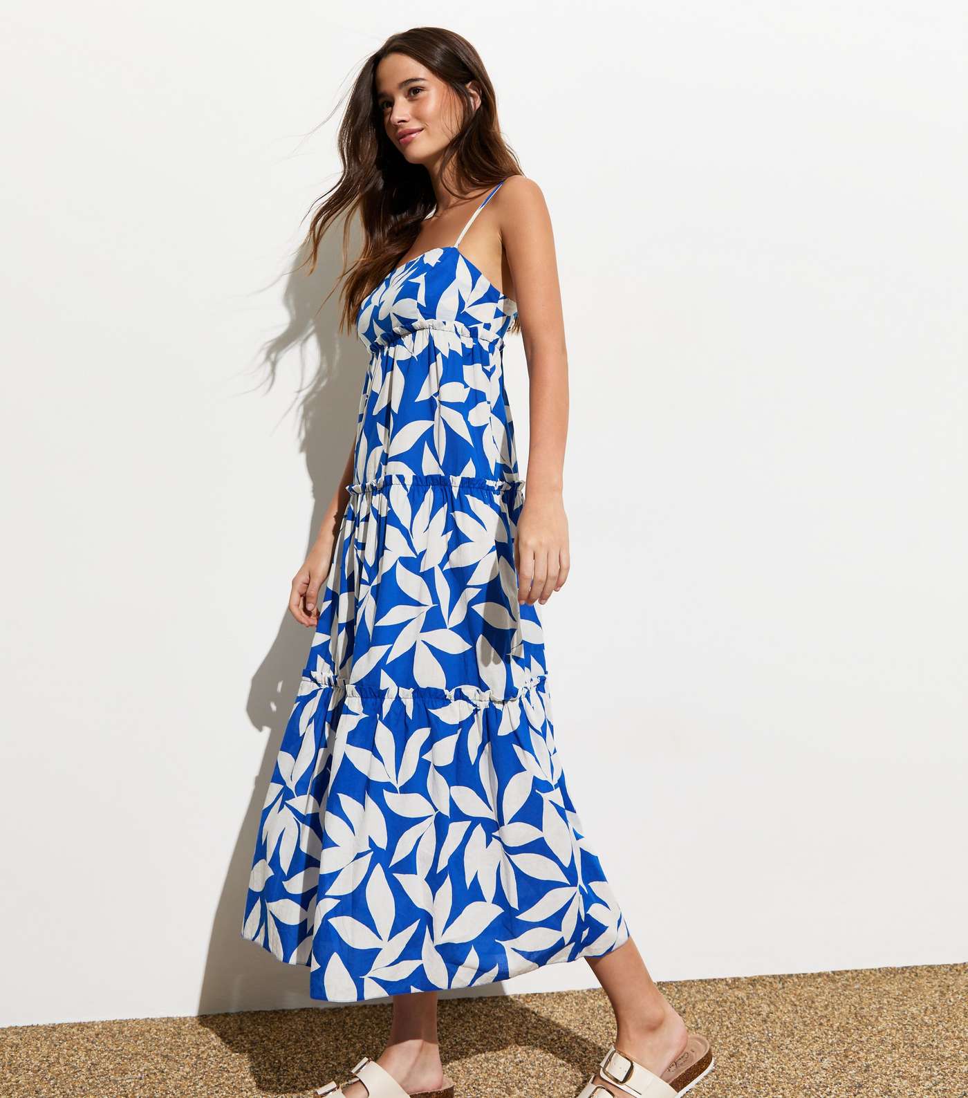 Blue Floral Tiered Cotton Midi Dress Image 3