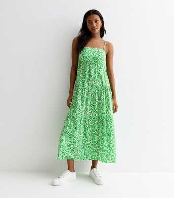 Green Cotton Strappy Spot Print Midi Dress 