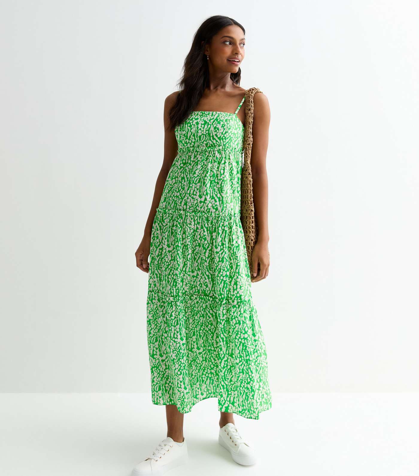 Green Cotton Strappy Spot Print Midi Dress  Image 3