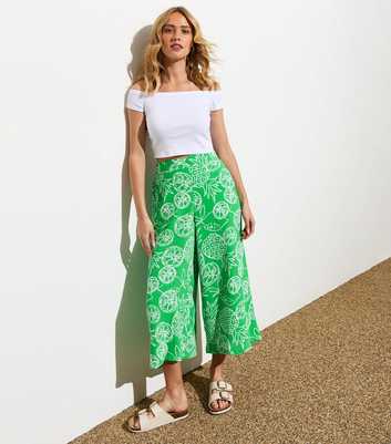 Green Fruit Print Wide Leg Crop Trousers