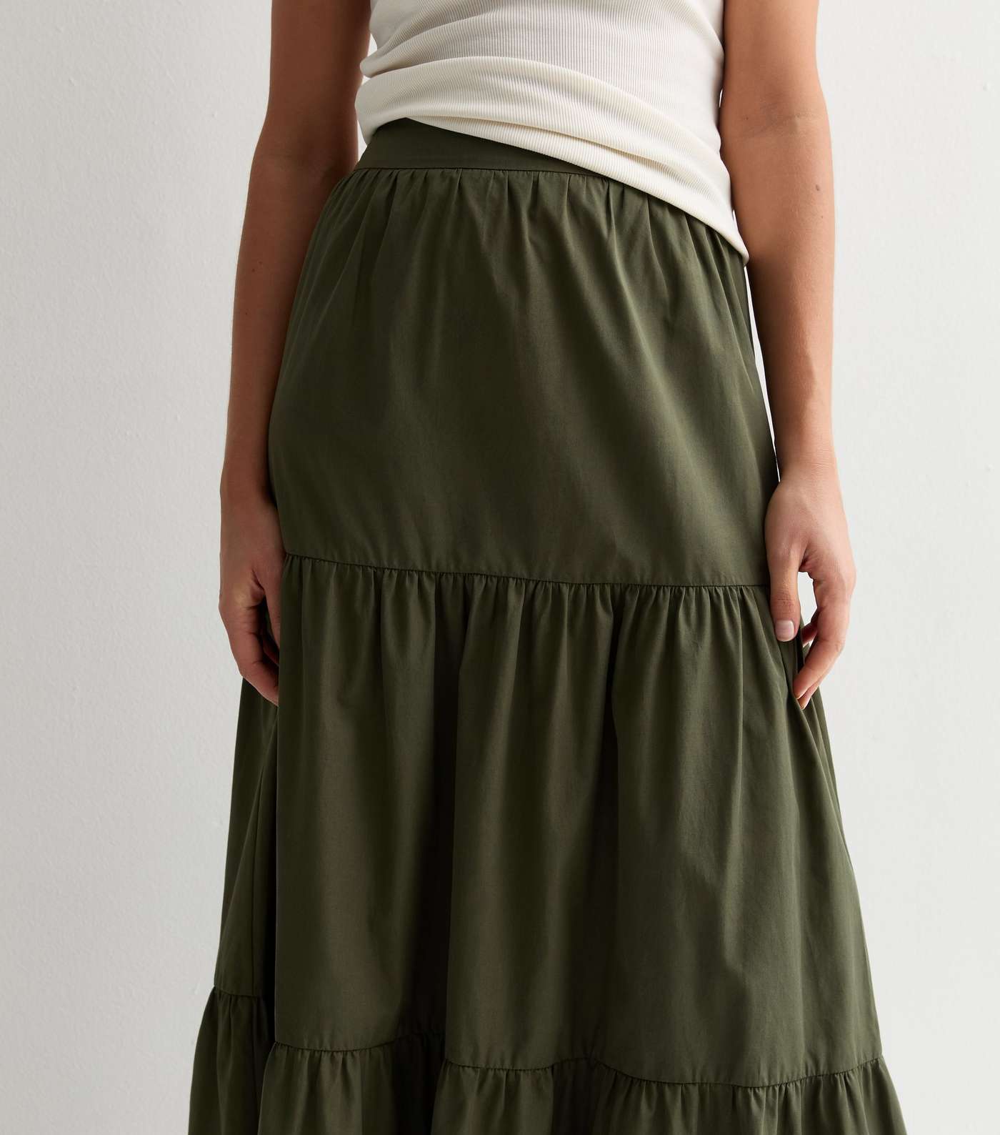 Khaki Poplin Tiered Maxi Skirt Image 2
