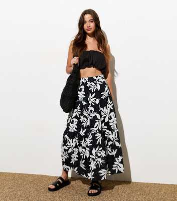 Black Cotton Leaf Print Tiered Midi Skirt 