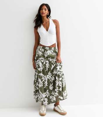 Green Cotton Leaf Print Tiered Midi Skirt