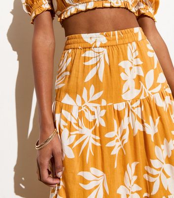 Yellow Cotton Leaf Print Tiered Midi Skirt New Look