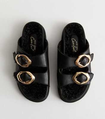 Black Faux-Fur Trim Flat Leather Look Sandals 