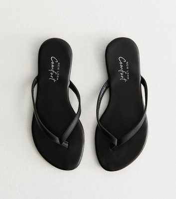 Black Leather-Look Toe Post Sandals