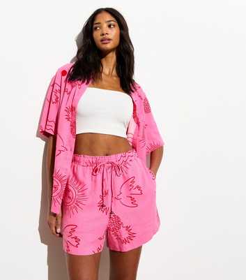 Pink Linen-Blend Illustration-Print Shorts