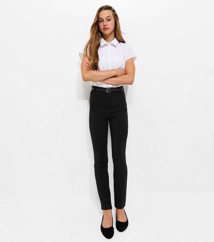 Girls Black Stretch Belted Skinny School Trousers 