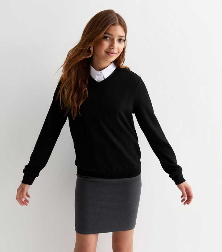 Girls Black V-Neck Jumper 