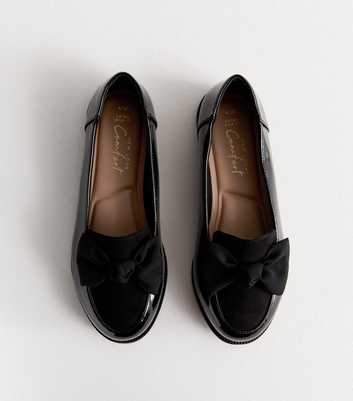 Extra Wide Fit Black Bow Patent And Suede Look Flat Loafers