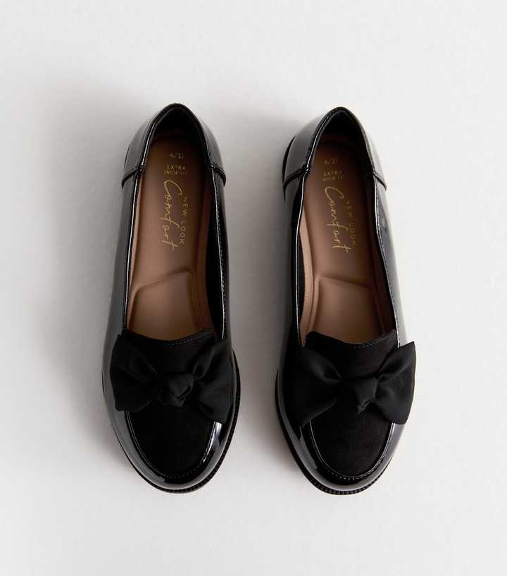 Extra Wide Fit Black Bow Patent And Suede Look Flat Loafers New Look