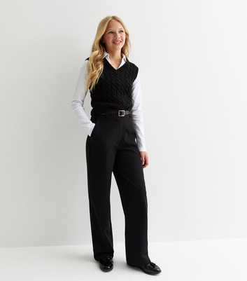 Girls Black Belted Wide Leg School Trousers 