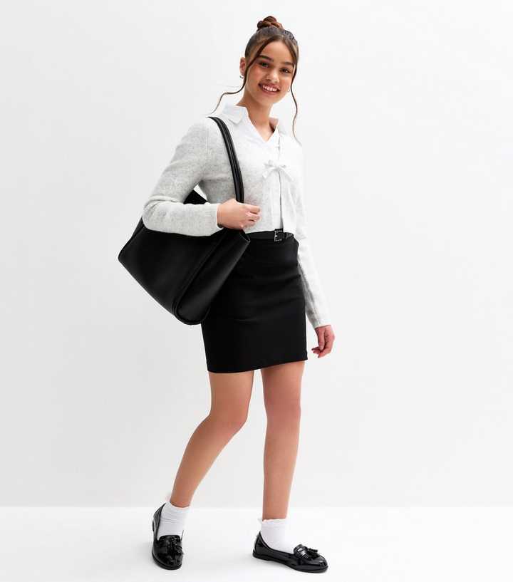 Girls Black Belted Stretch School Skirt 