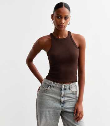 Brown Frill Hem Crop Racer Vest