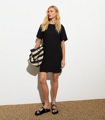 Black Mini Linen Blend T Shirt Dress New Look