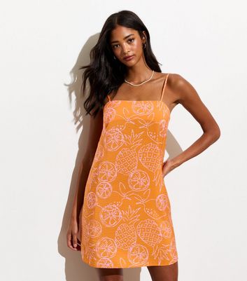 Orange Tropical-Print Slip Dress New Look