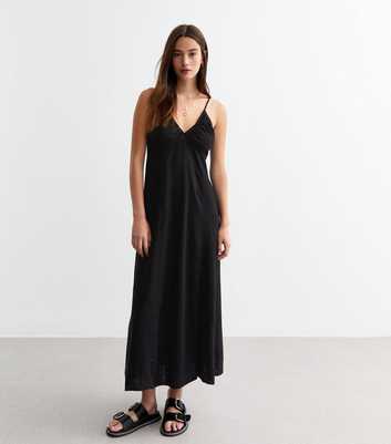 Black Linen Blend Ruched V-Neck Slip Dress