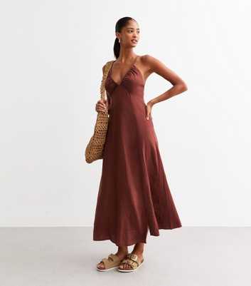 Rust Linen Blend Ruched V-Neck Slip Dress