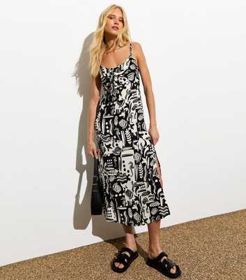 Black Abstract-Print Tie-Front Midi Slip Dress