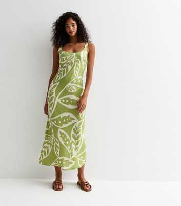 Green Leaf Print Bias Cut Midi Slip Dress