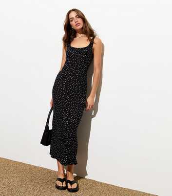 Black Spot Print Bias Cut Midi Dress