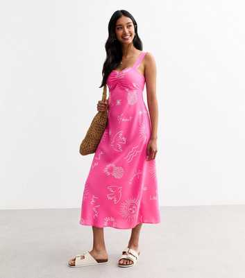 Pink Abstract Print Back Cutout Midi Dress