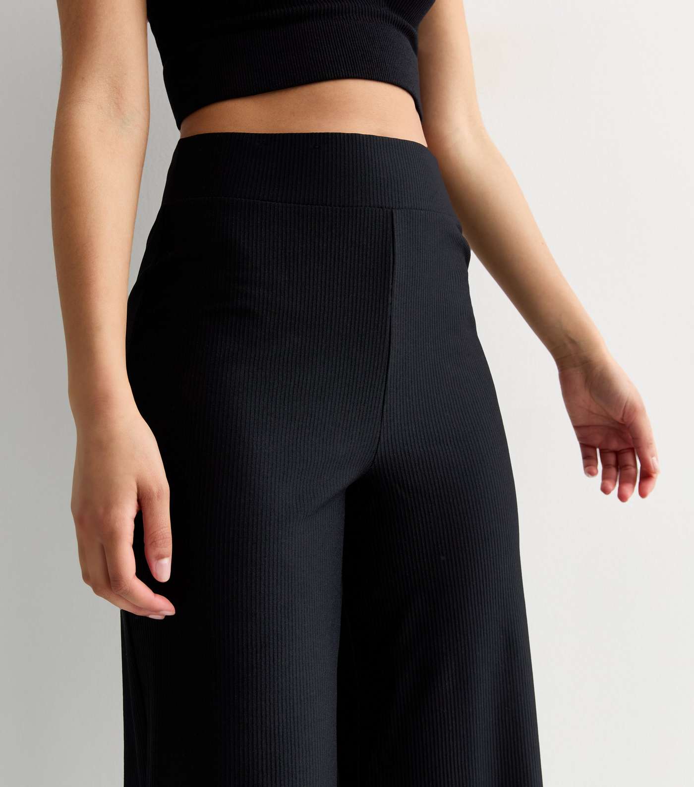 Tall Black Ribbed Wide Leg Trousers Image 3