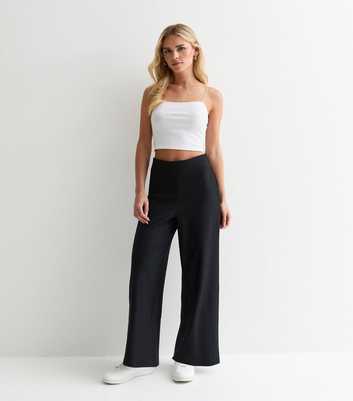 Petite Black Ribbed Jersey Wide Leg Trousers