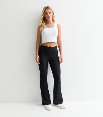 Petite Black Ribbed Jersey Flared Trousers New Look