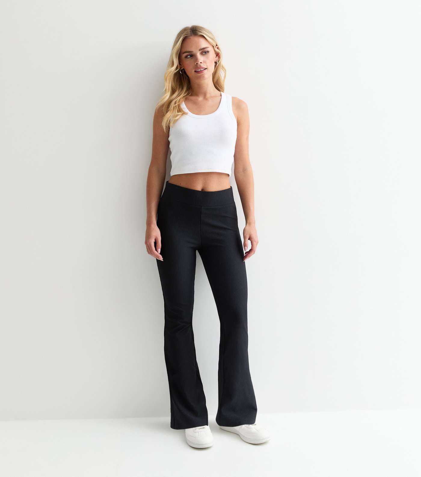Petite Black Ribbed Jersey Flared Trousers Image 3