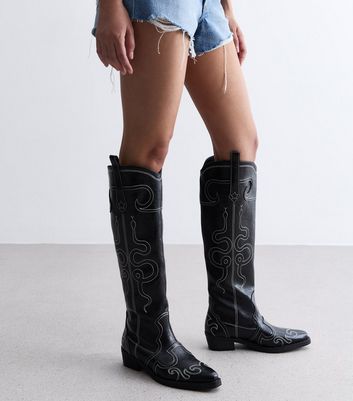 Public Desire Black Leather Look Knee High Cowboy Boots New Look