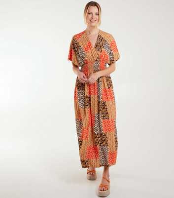 Blue Vanilla Orange Mixed Print Shirred Midi Dress