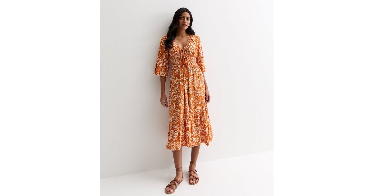Orange Floral Print Split V Neck Bubble Sleeve Plus Size Midi Dress