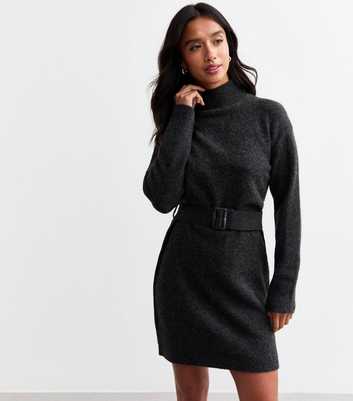 Petite Dark Grey Knitted Belted Mini Dress