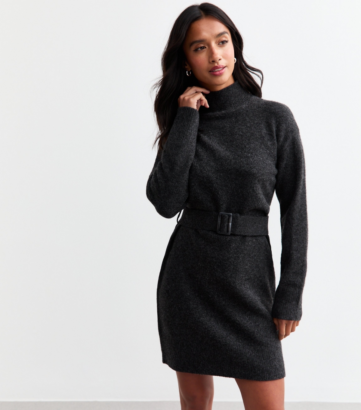 Women's Petite Dark Grey Knitted Belted Mini Dress New Look