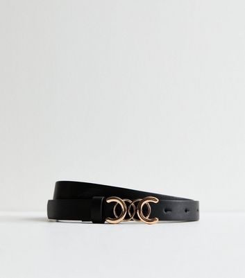 Black Leather-Look Circle Buckle Skinny Belt New Look