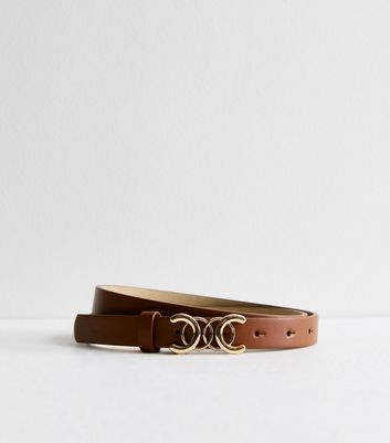 Tan Leather-Look Circle Buckle Skinny Belt New Look