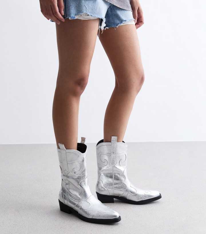 Public Desire Silver Leather-Look Cowboy Boots