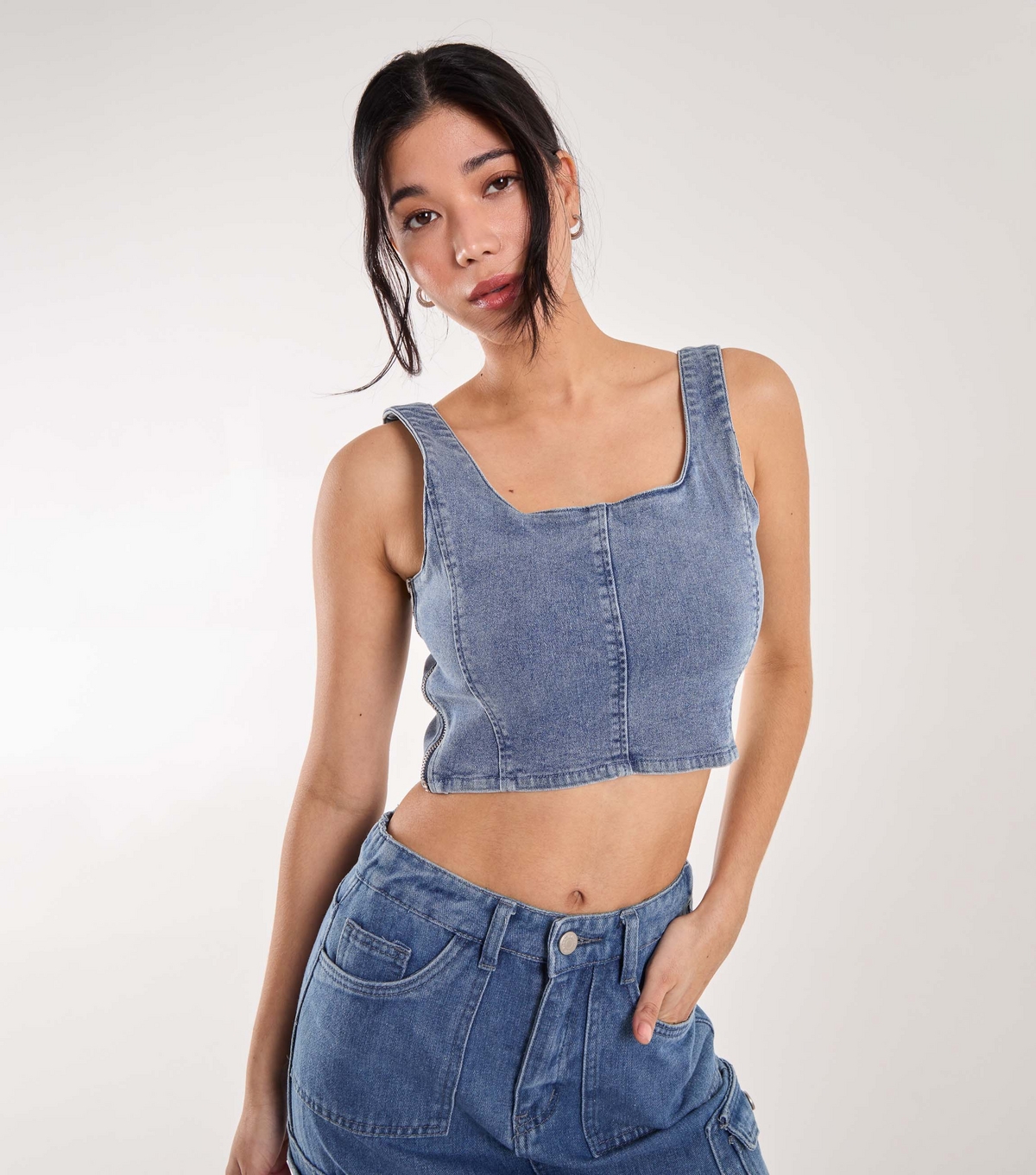 Women's Pale Blue Denim Crop Corset Top Pink Vanilla New Look