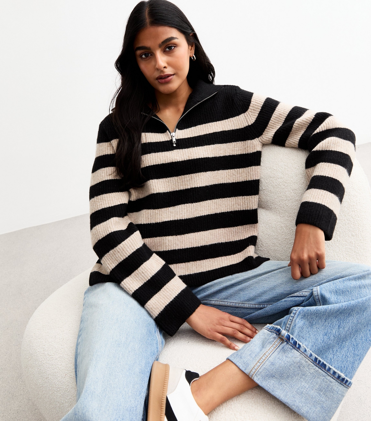 Women's Black Striped Half-Zip Jumper New Look