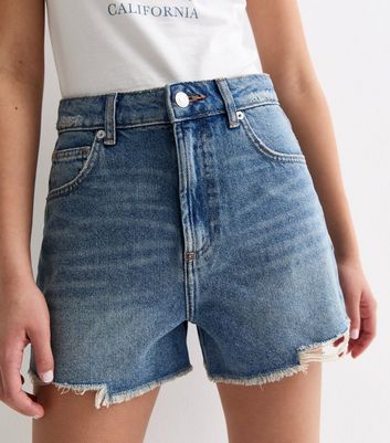Girls Teal Vintage Fray Hem Mom Shorts New Look