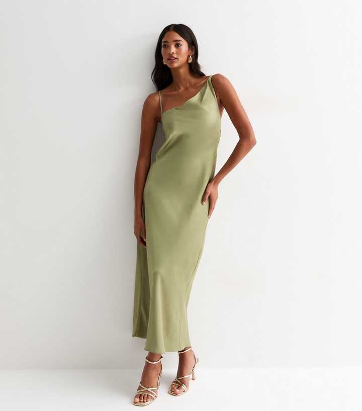 Light Green One-Shoulder Satin Maxi Slip Dress | New Look 